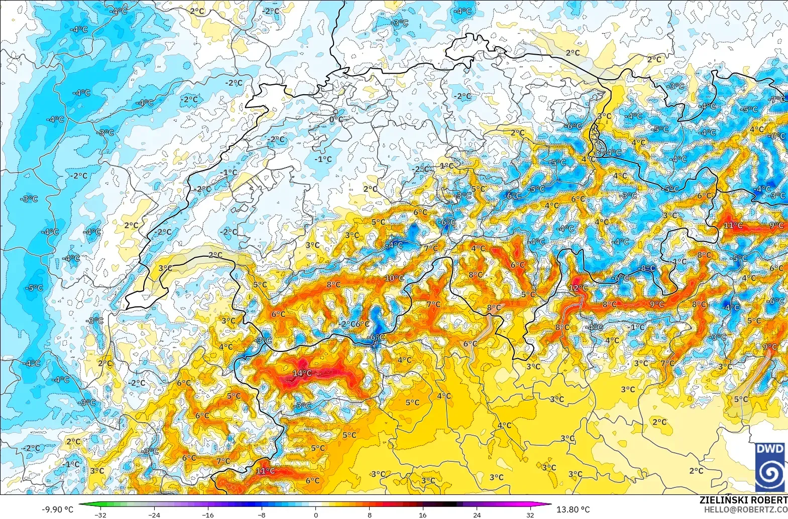 ICON Germany 2 km model - Switzerland, Temperature at 2m Anomaly