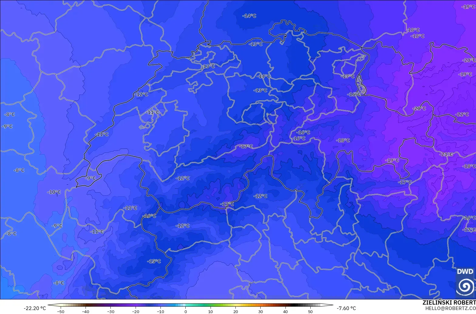 ICON Germany 2 km model - Switzerland, Temperature at 500hPa