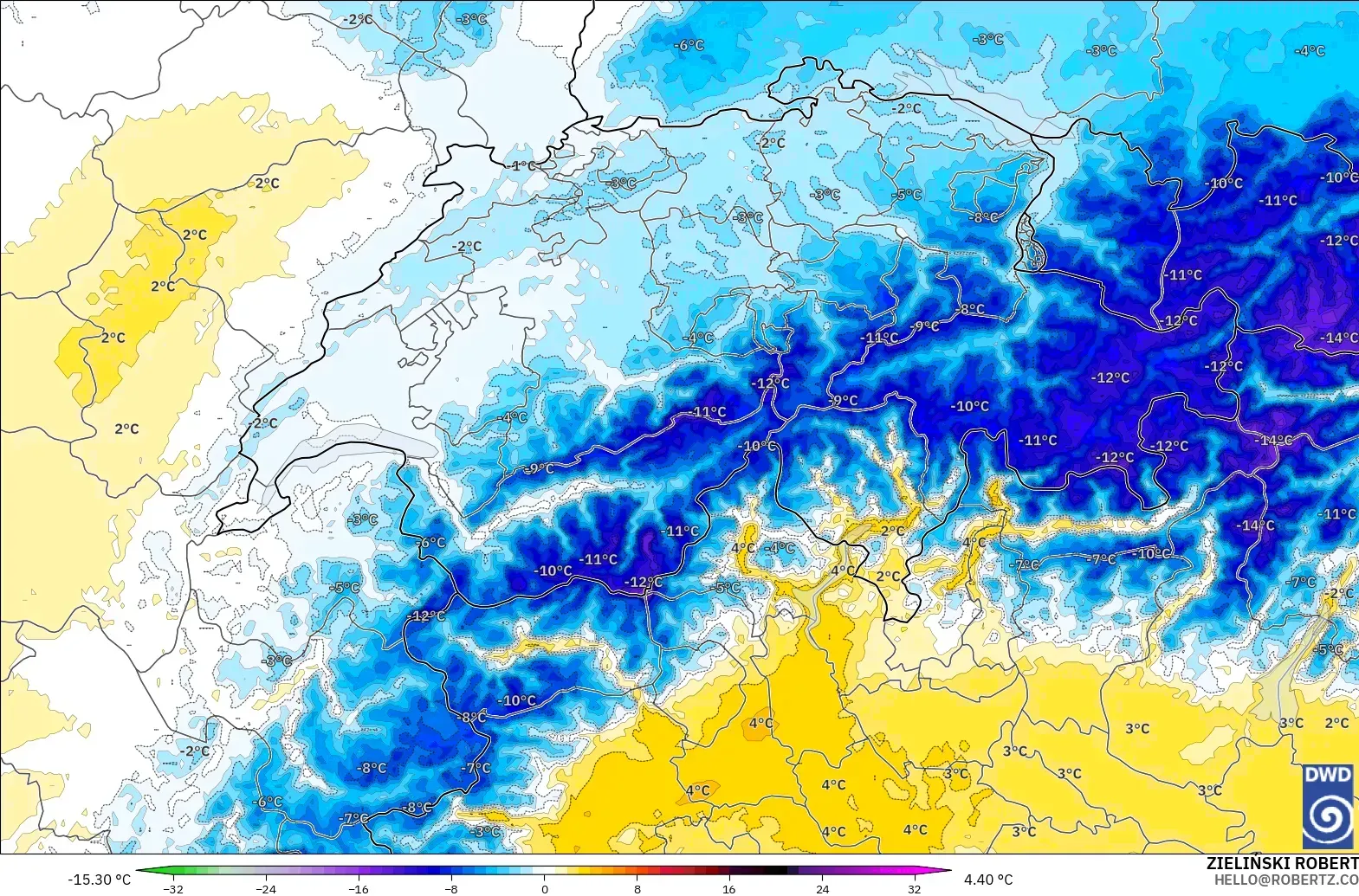 ICON Germany 2 km model - Switzerland, Temperature at 850hPa Anomaly