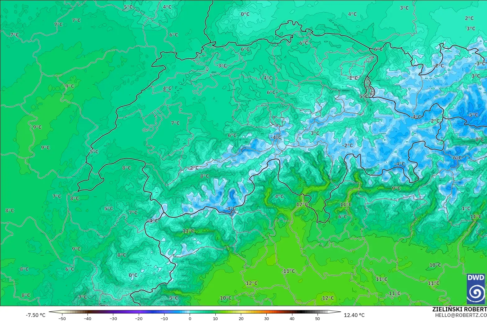 ICON Germany 2 km model - Switzerland, Temperature at 850hPa