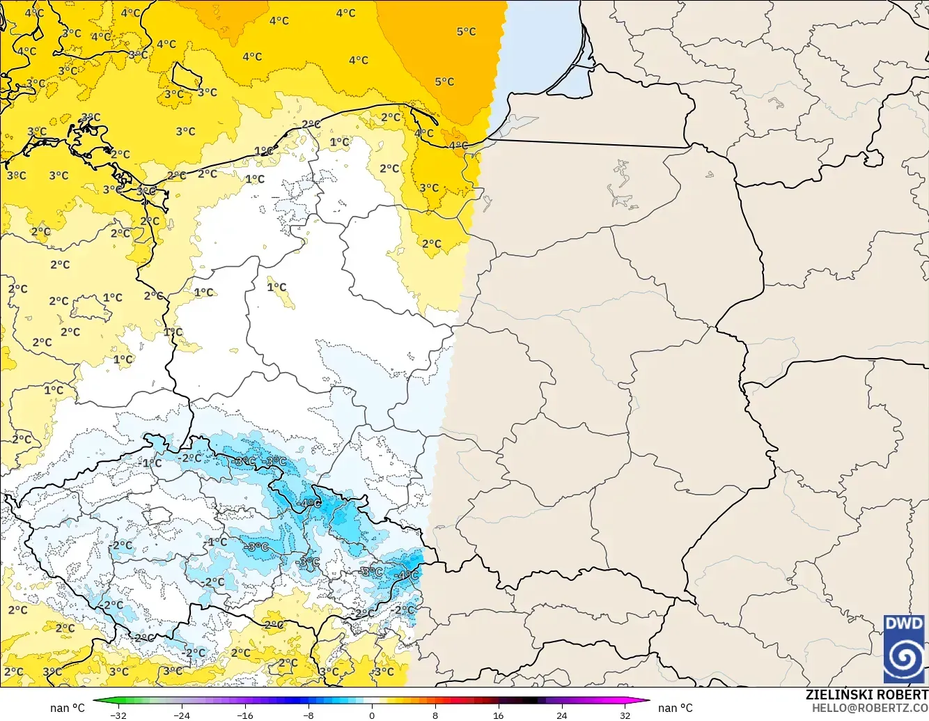 ICON Germany 2 km model - Poland, Temperature at 850hPa Anomaly