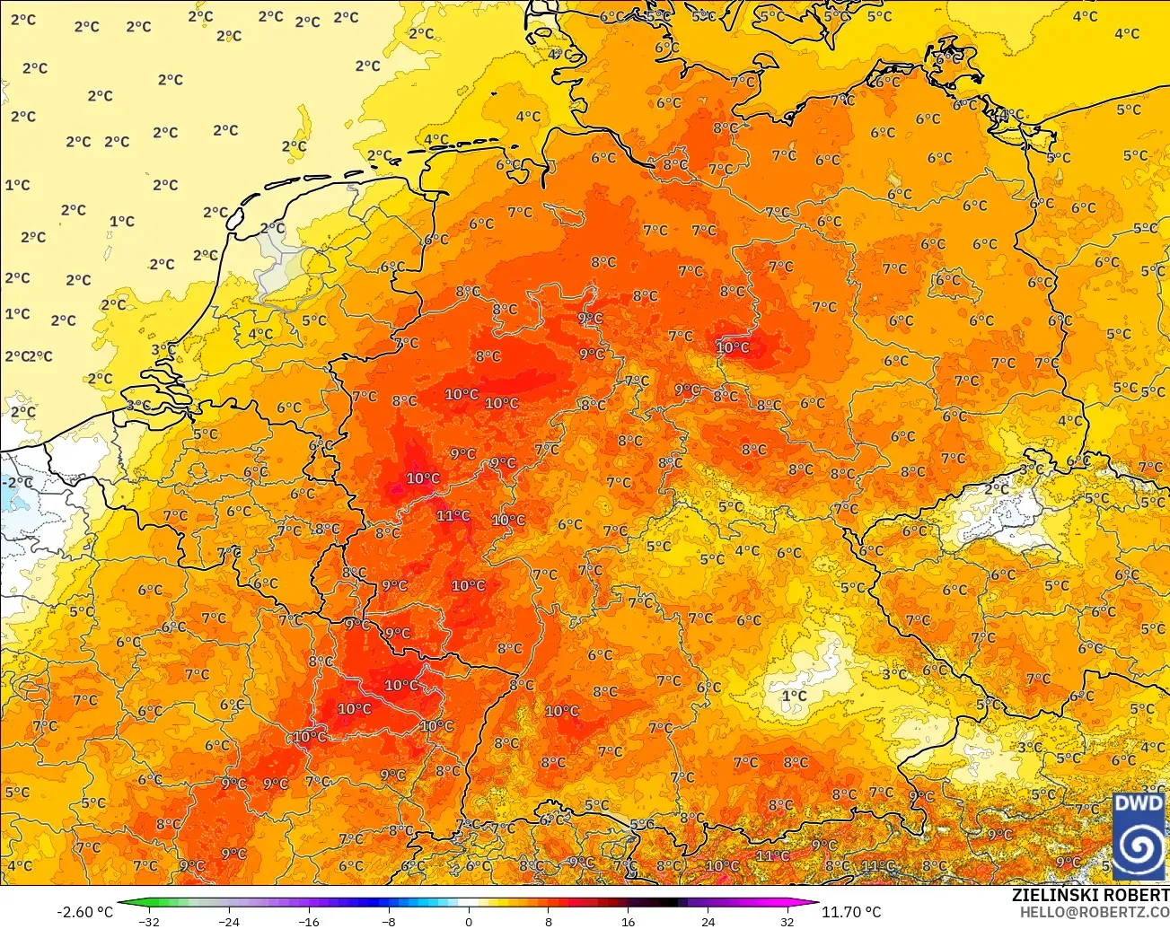 ICON Germany 2 km model - Germany, Temperature at 2m Anomaly