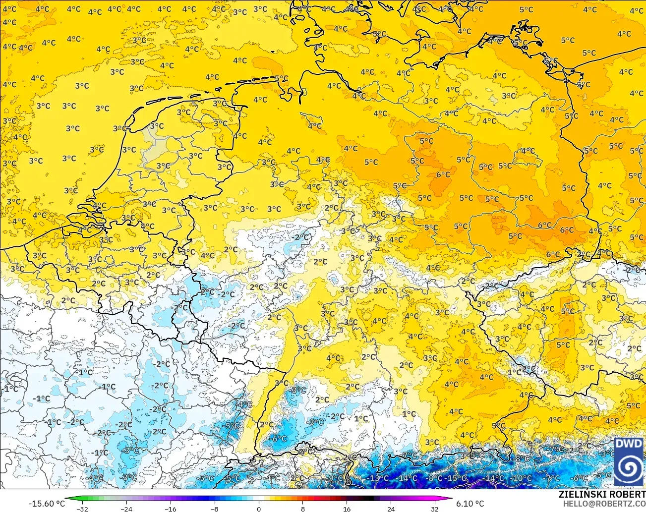ICON Germany 2 km model - Germany, Temperature at 850hPa Anomaly