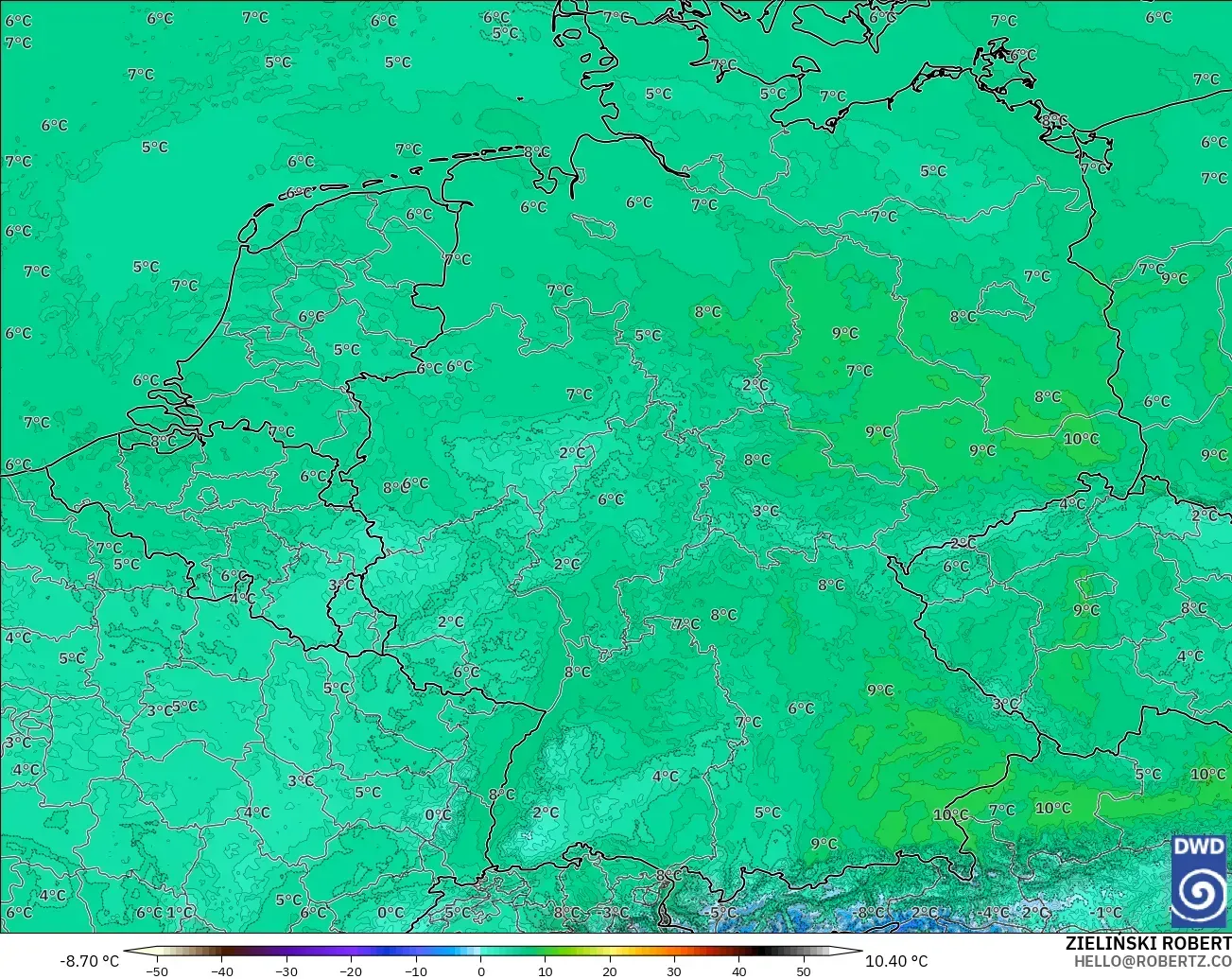 ICON Germany 2 km model - Germany, Temperature at 850hPa