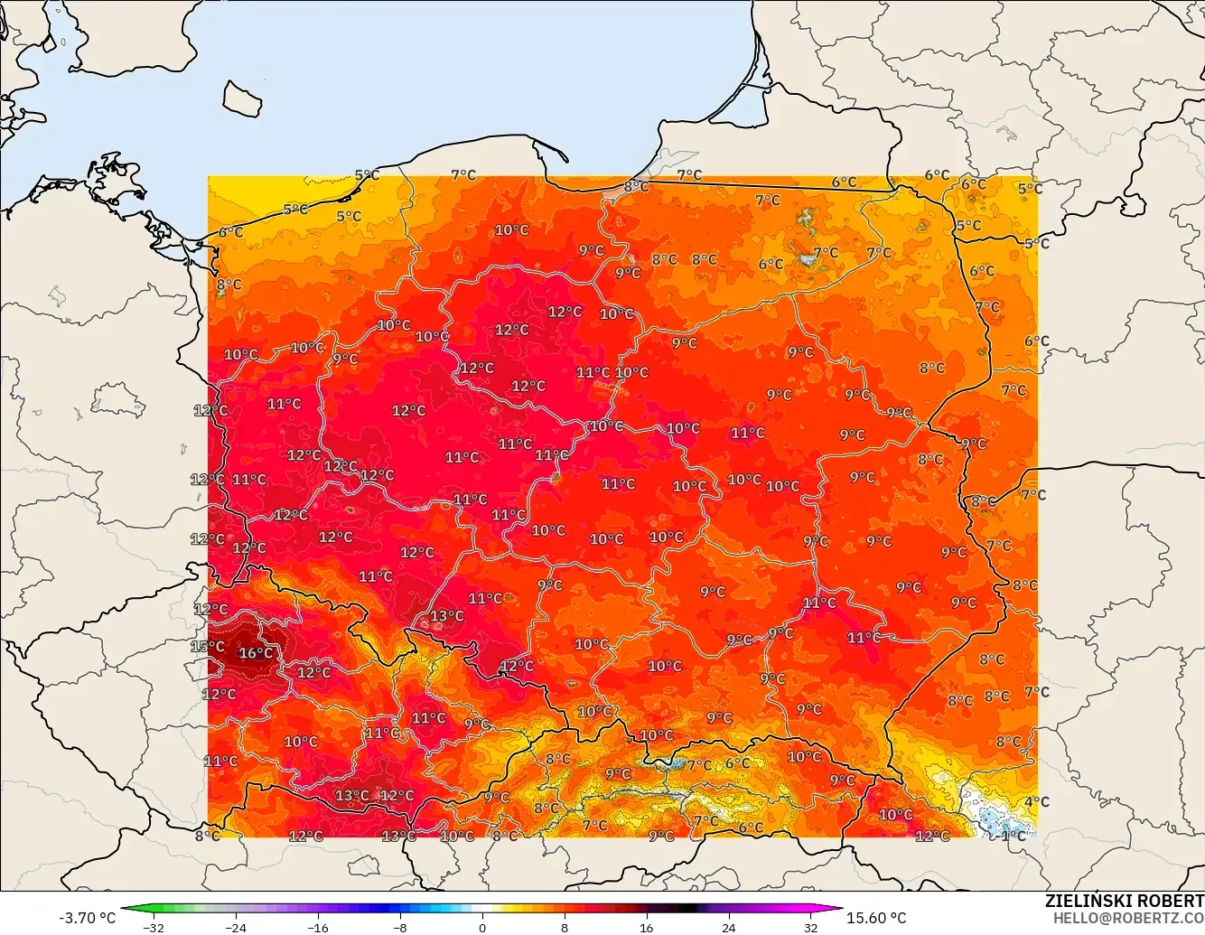 ICON Poland 2 km model - Poland, Temperature at 2m Anomaly