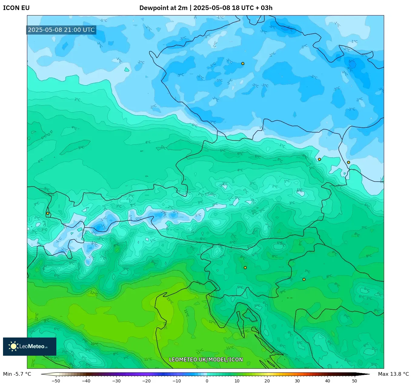 ICON - Austria, Dewpoint at 2m ICON - Austria, Dewpoint at 2m