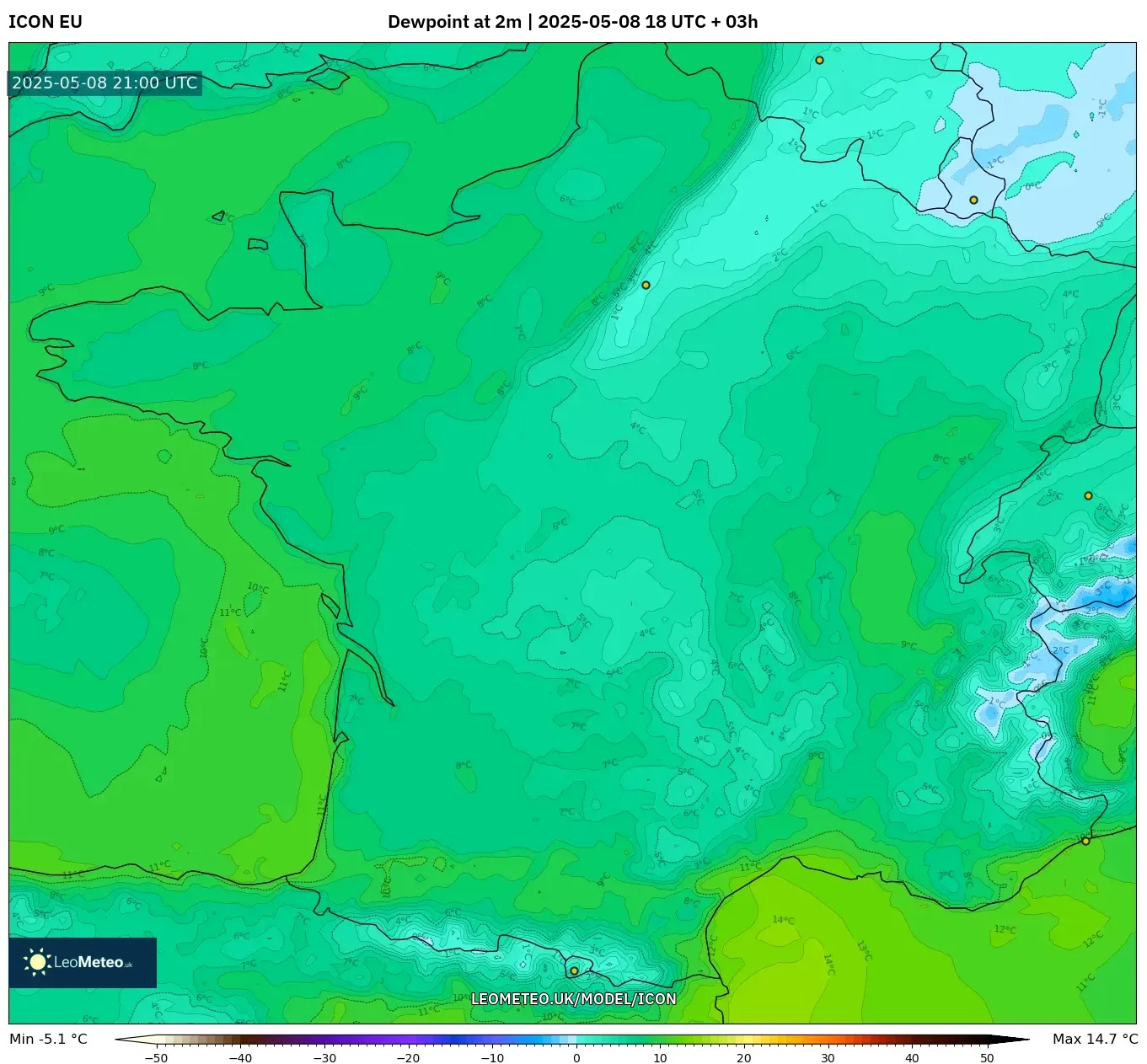 ICON - France, Dewpoint at 2m ICON - France, Dewpoint at 2m