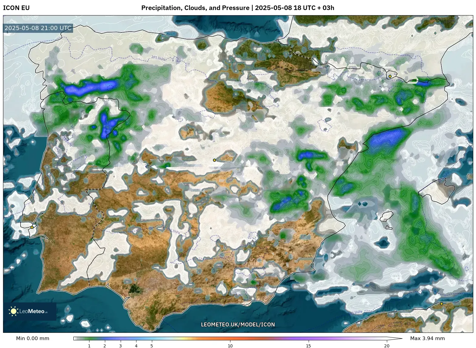 ICON - Spain, Precipitation, Clouds, and Pressure ICON - Spain, Precipitation, Clouds, and Pressure