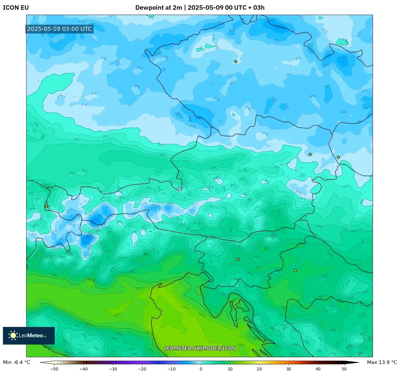 ICON - Austria, Dewpoint at 2m ICON - Austria, Dewpoint at 2m