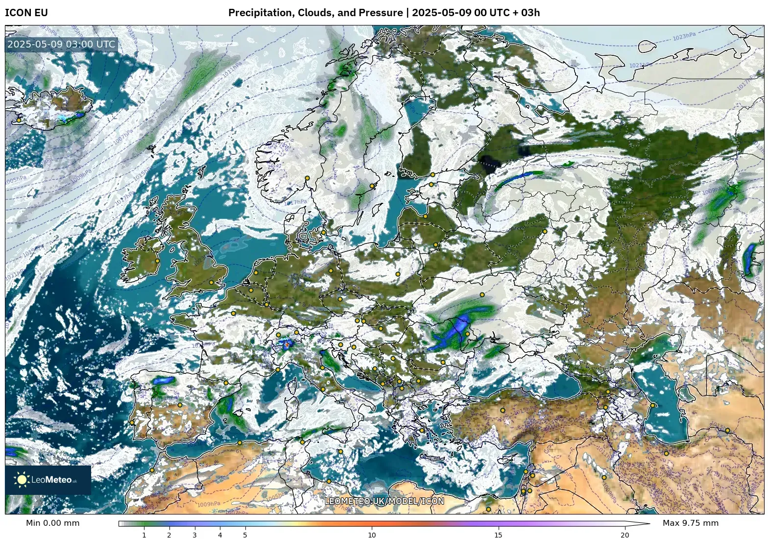ICON - Europe, Precipitation, Clouds, and Pressure