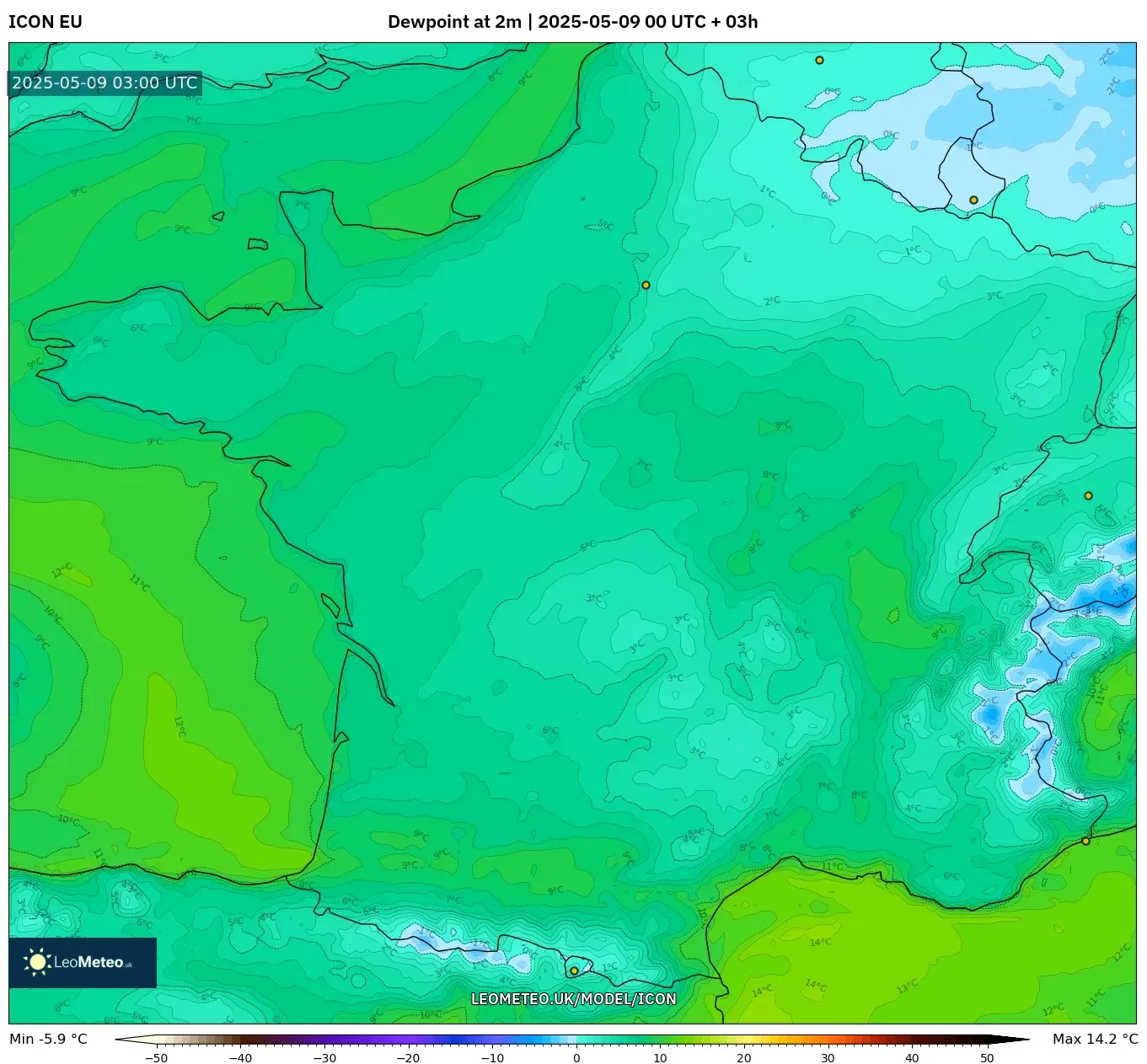 ICON - France, Dewpoint at 2m ICON - France, Dewpoint at 2m