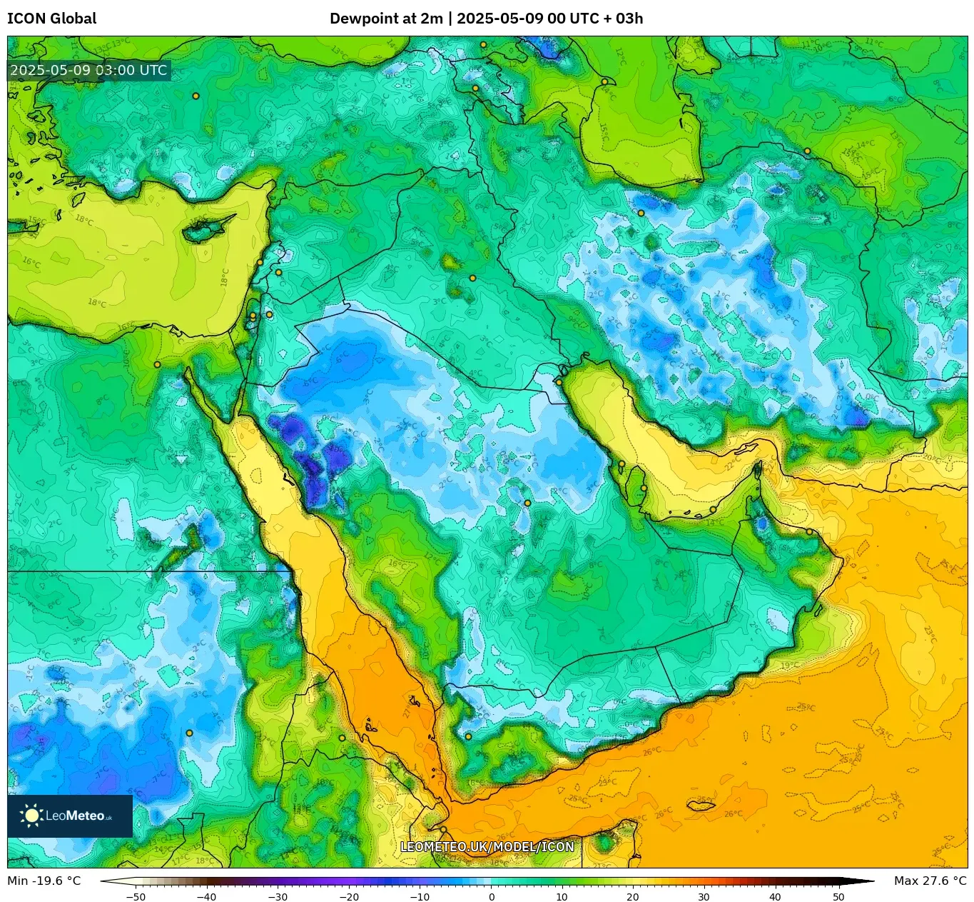 ICON - Middle East, Dewpoint at 2m ICON - Middle East, Dewpoint at 2m