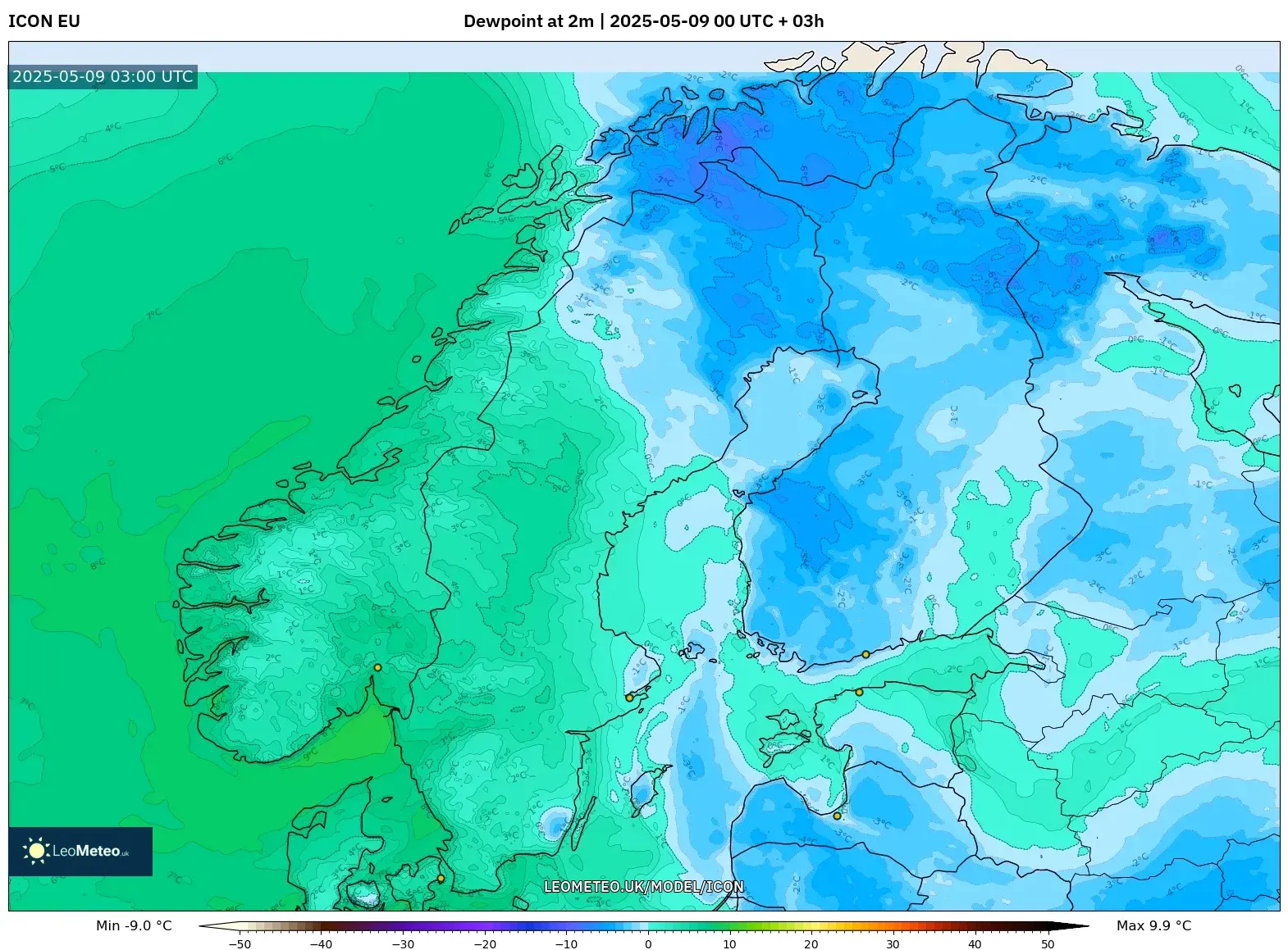 ICON - Scandinavia, Dewpoint at 2m ICON - Scandinavia, Dewpoint at 2m
