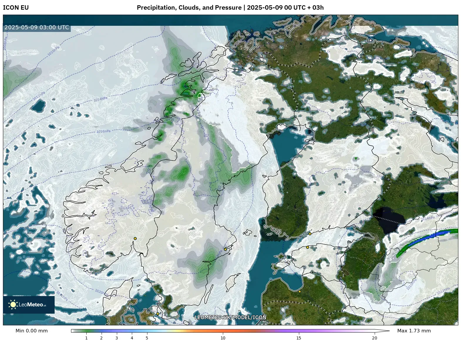 ICON - Scandinavia, Precipitation, Clouds, and Pressure ICON - Scandinavia, Precipitation, Clouds, and Pressure
