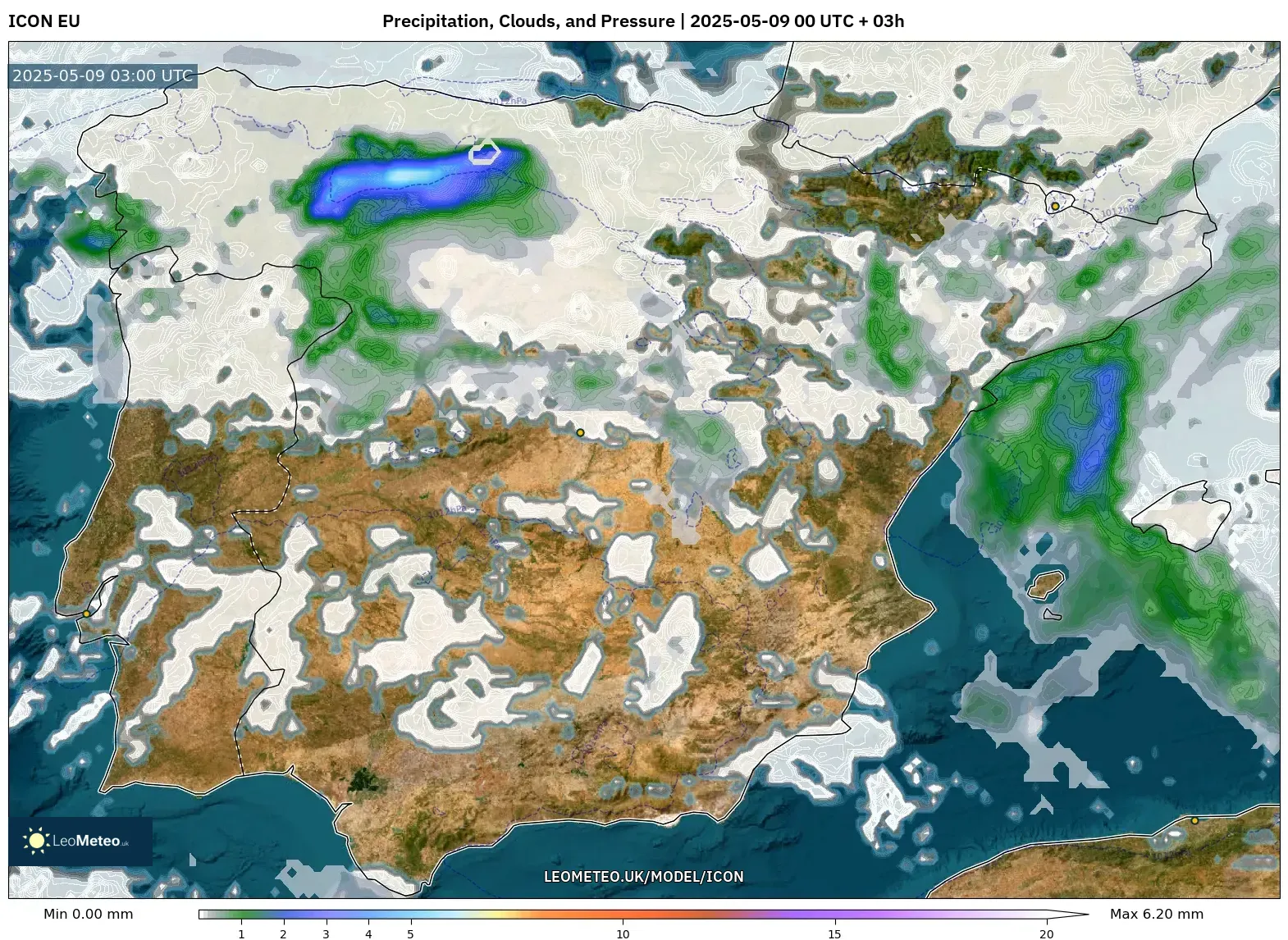ICON - Spain, Precipitation, Clouds, and Pressure ICON - Spain, Precipitation, Clouds, and Pressure