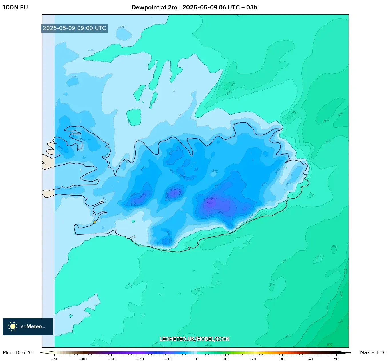 ICON - Iceland, Dewpoint at 2m ICON - Iceland, Dewpoint at 2m