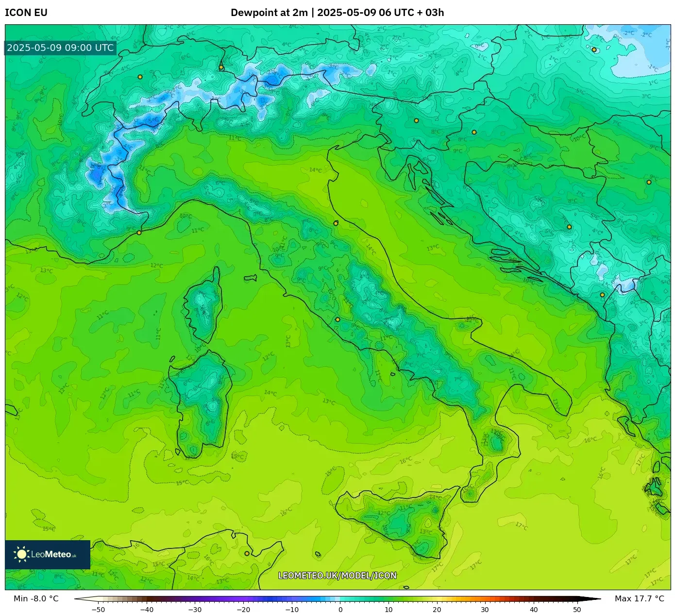 ICON - Italy, Dewpoint at 2m ICON - Italy, Dewpoint at 2m