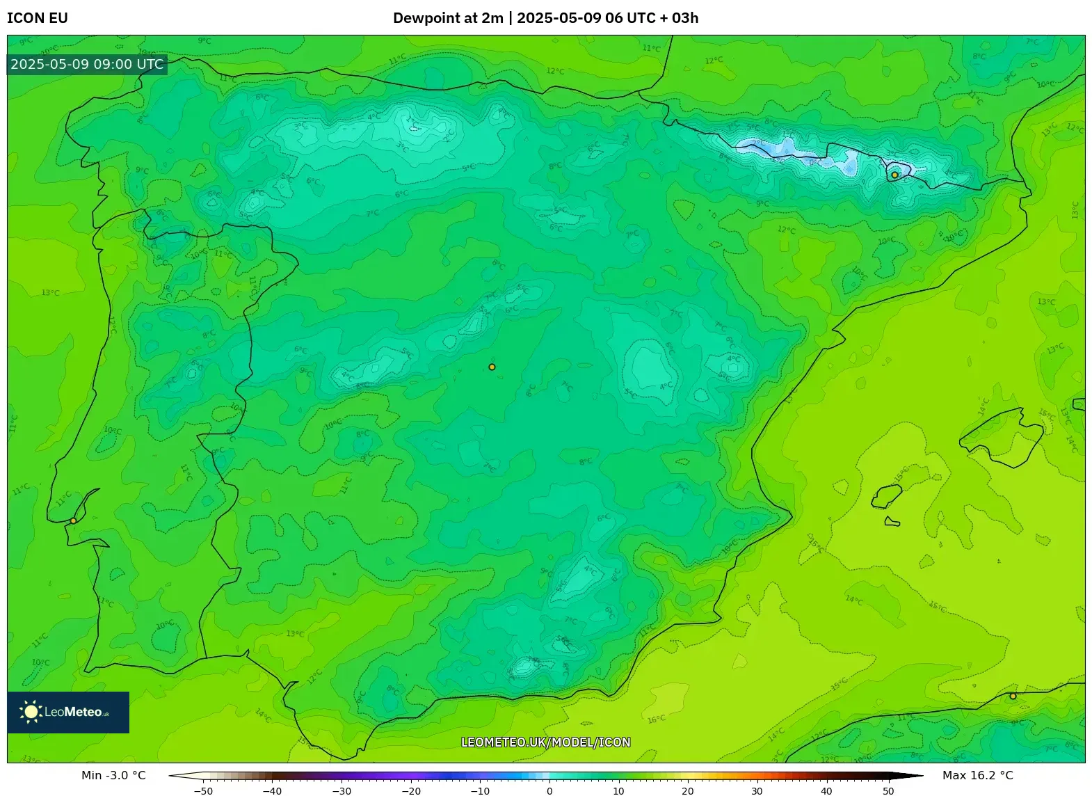 ICON - Spain, Dewpoint at 2m ICON - Spain, Dewpoint at 2m