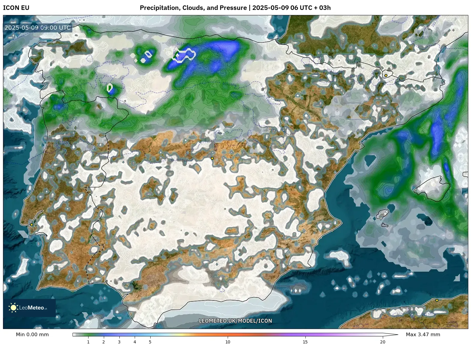 ICON - Spain, Precipitation, Clouds, and Pressure ICON - Spain, Precipitation, Clouds, and Pressure