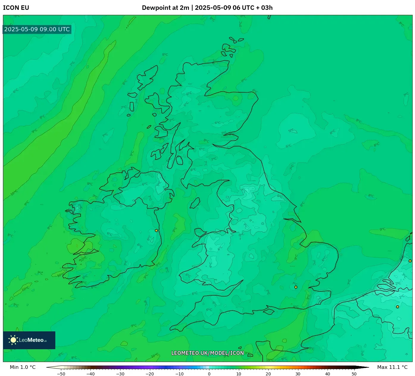 ICON - United Kingdom, Dewpoint at 2m ICON - United Kingdom, Dewpoint at 2m