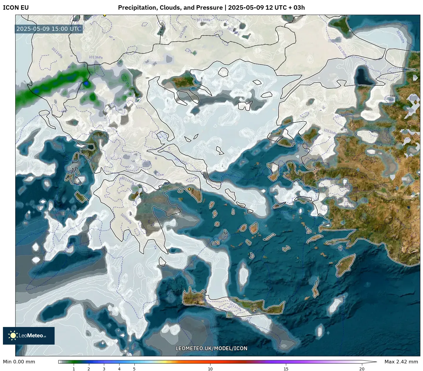 ICON - Greece, Precipitation, Clouds, and Pressure ICON - Greece, Precipitation, Clouds, and Pressure