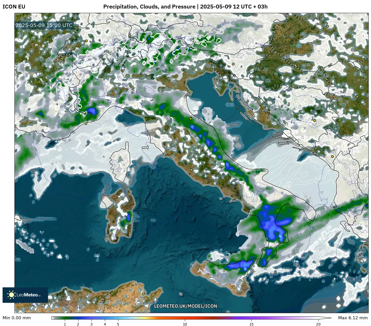 ICON - Italy, Precipitation, Clouds, and Pressure ICON - Italy, Precipitation, Clouds, and Pressure