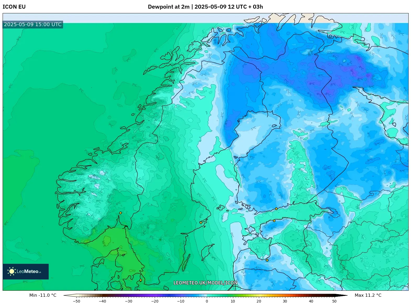 ICON - Scandinavia, Dewpoint at 2m ICON - Scandinavia, Dewpoint at 2m