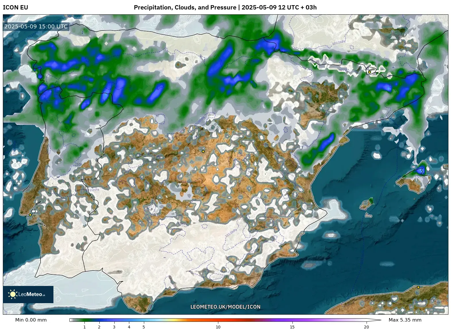ICON - Spain, Precipitation, Clouds, and Pressure ICON - Spain, Precipitation, Clouds, and Pressure