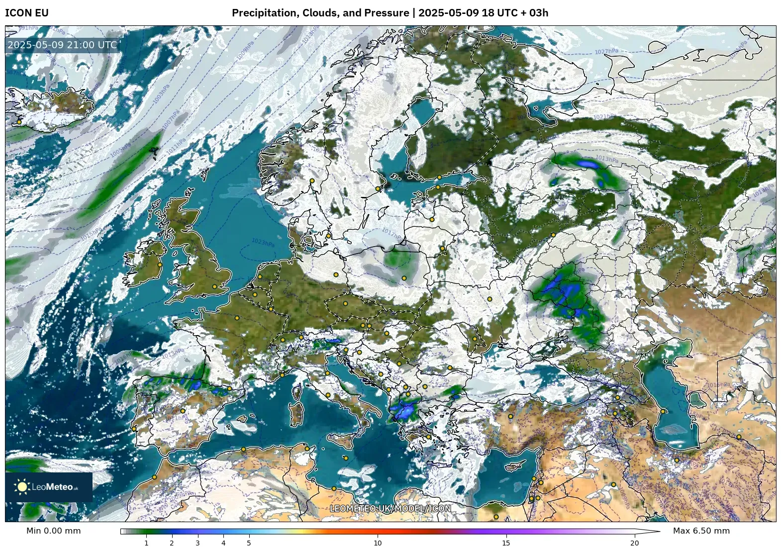 ICON - Europe, Precipitation, Clouds, and Pressure