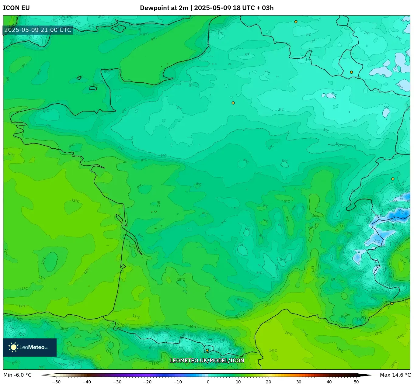 ICON - France, Dewpoint at 2m ICON - France, Dewpoint at 2m