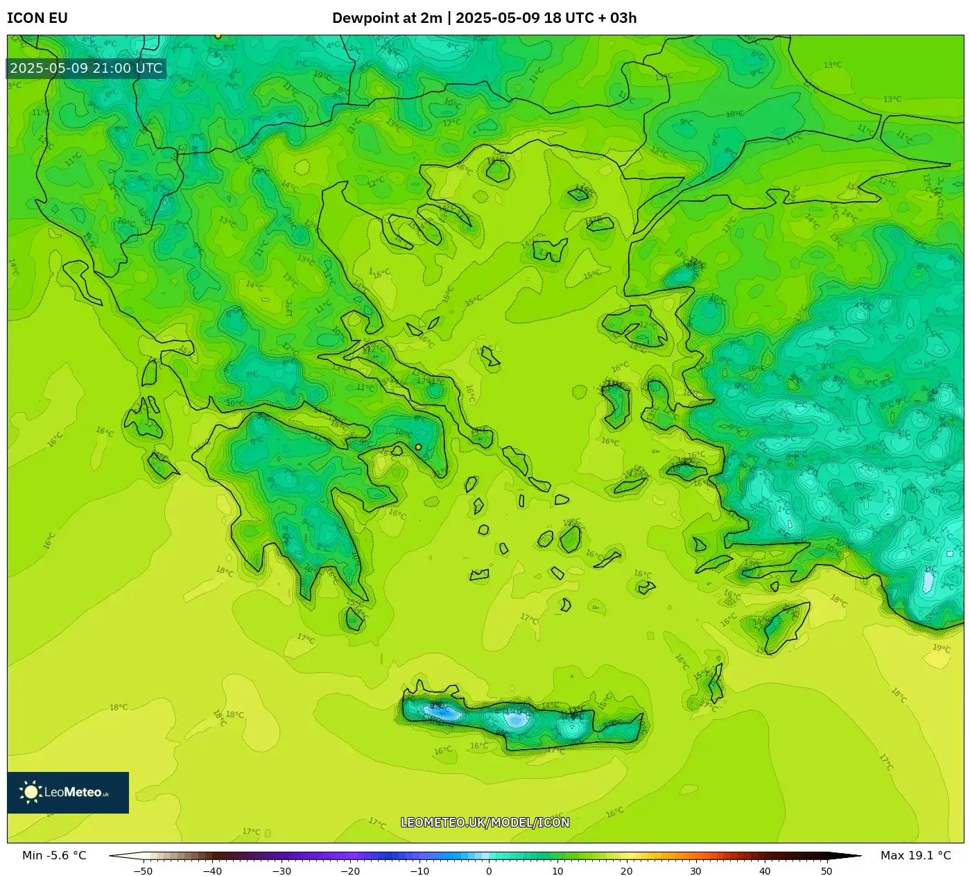 ICON - Greece, Dewpoint at 2m ICON - Greece, Dewpoint at 2m