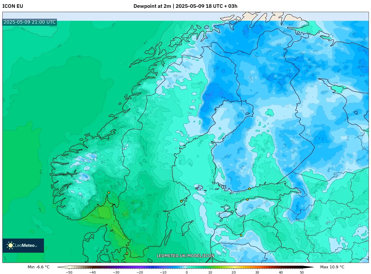 ICON - Scandinavia, Dewpoint at 2m ICON - Scandinavia, Dewpoint at 2m