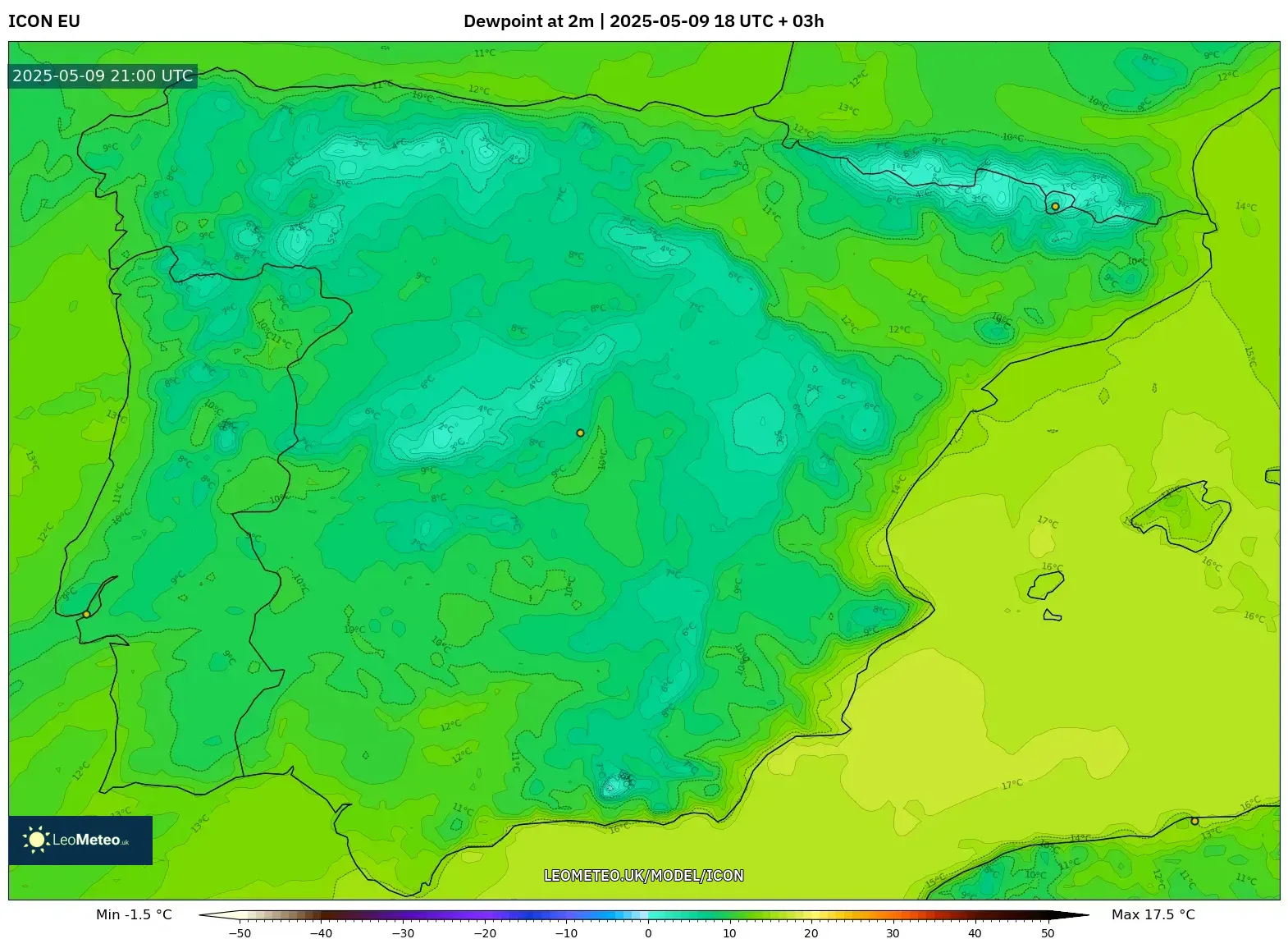 ICON - Spain, Dewpoint at 2m ICON - Spain, Dewpoint at 2m