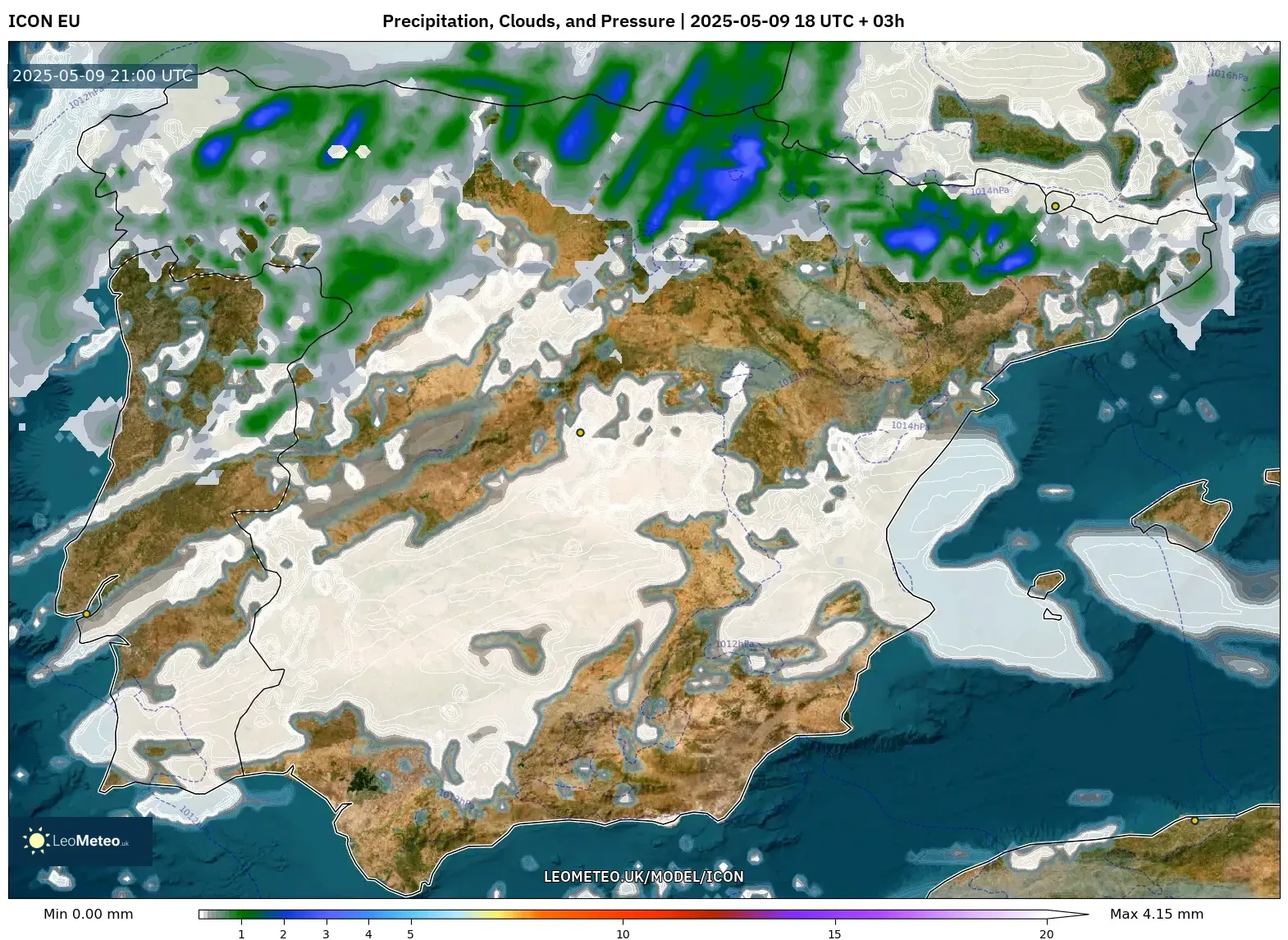 ICON - Spain, Precipitation, Clouds, and Pressure ICON - Spain, Precipitation, Clouds, and Pressure