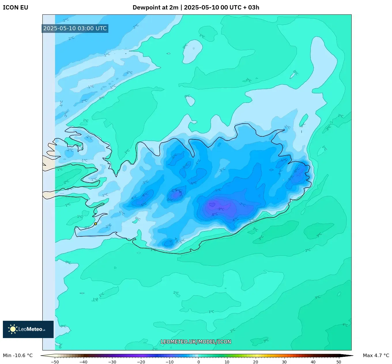 ICON - Iceland, Dewpoint at 2m ICON - Iceland, Dewpoint at 2m