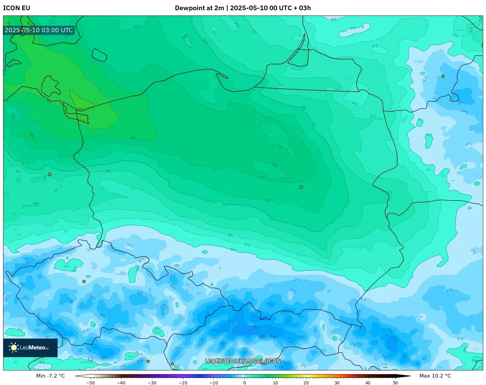 ICON - Poland, Dewpoint at 2m ICON - Poland, Dewpoint at 2m