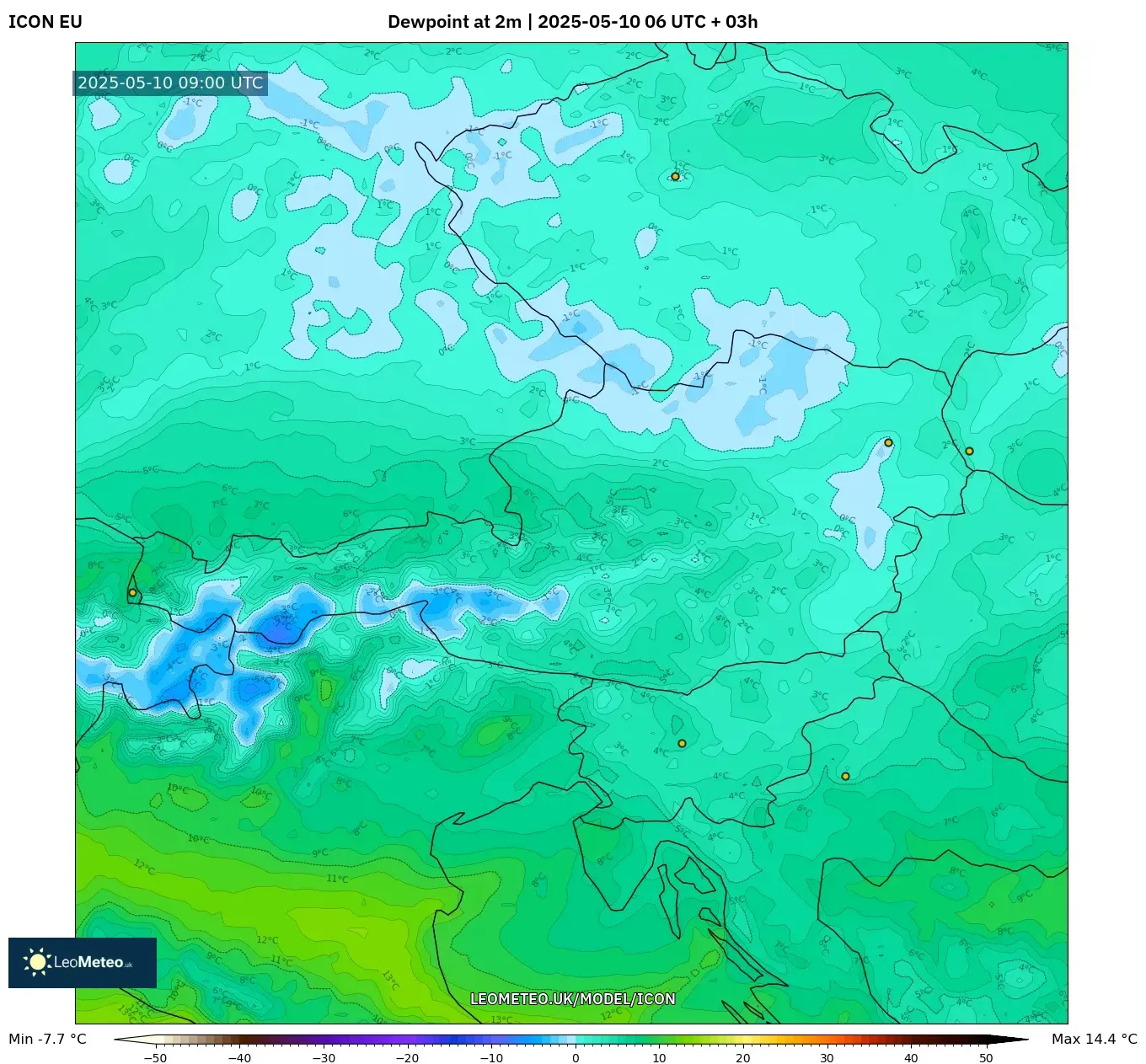 ICON - Austria, Dewpoint at 2m ICON - Austria, Dewpoint at 2m