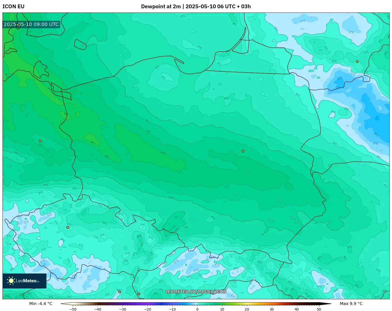 ICON - Poland, Dewpoint at 2m ICON - Poland, Dewpoint at 2m