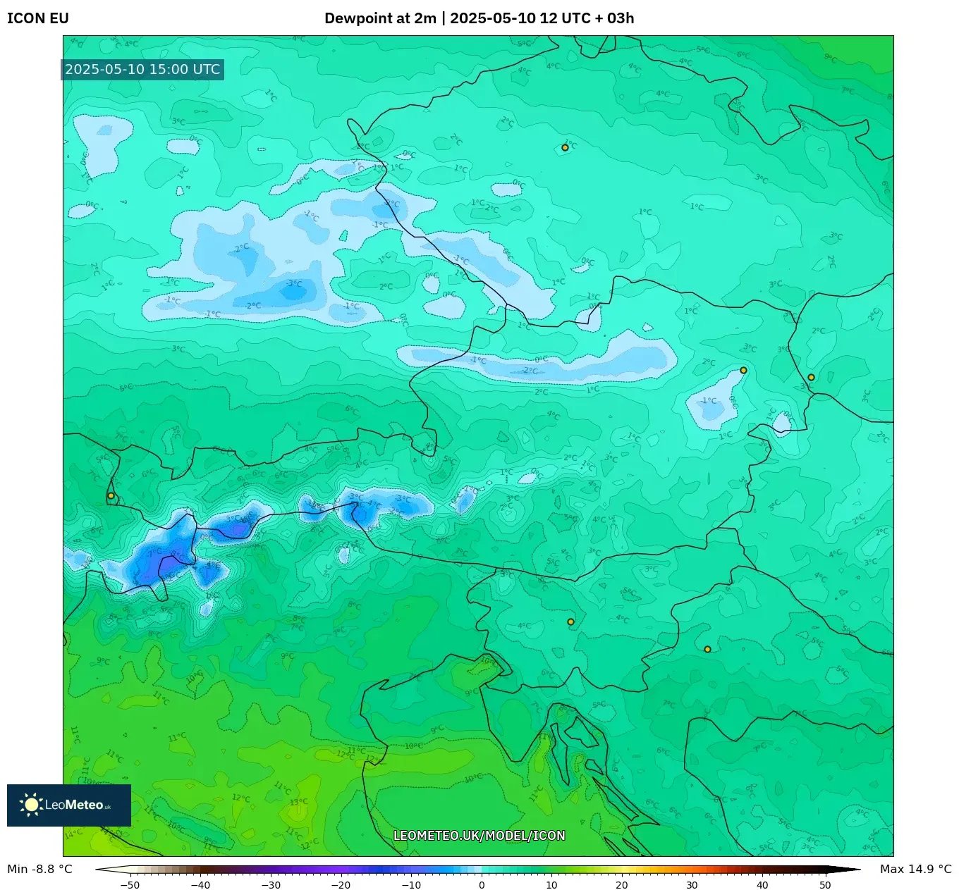 ICON - Austria, Dewpoint at 2m ICON - Austria, Dewpoint at 2m