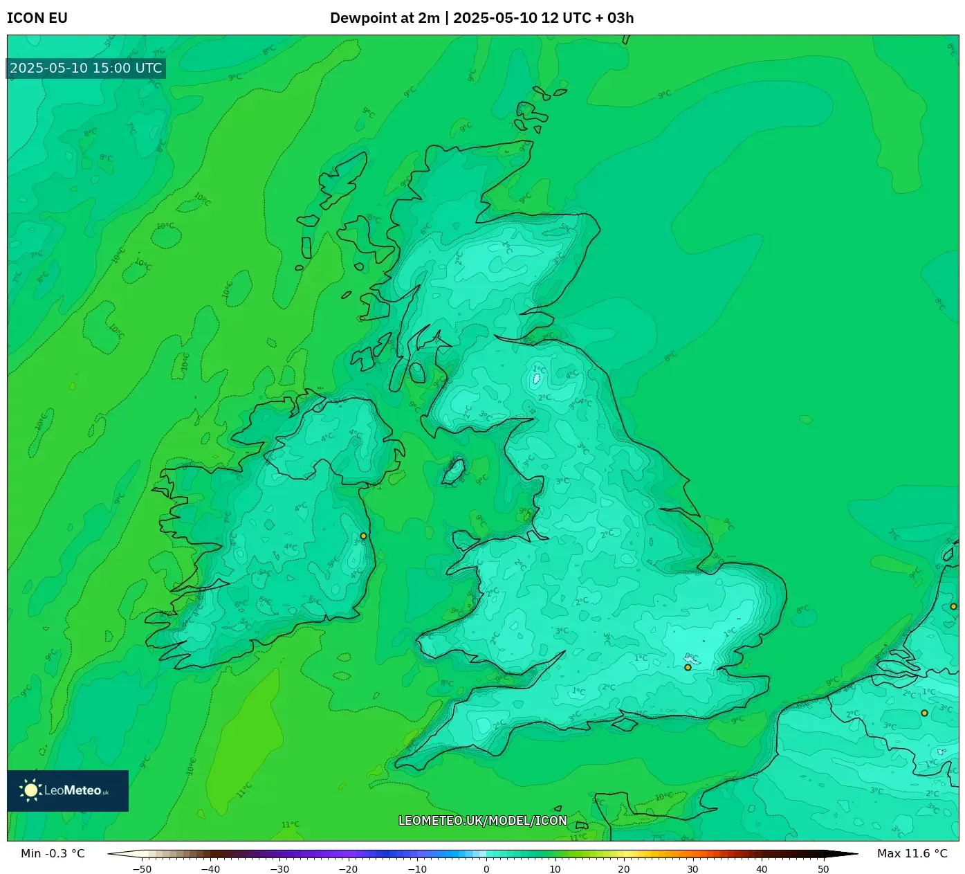 ICON - United Kingdom, Dewpoint at 2m ICON - United Kingdom, Dewpoint at 2m