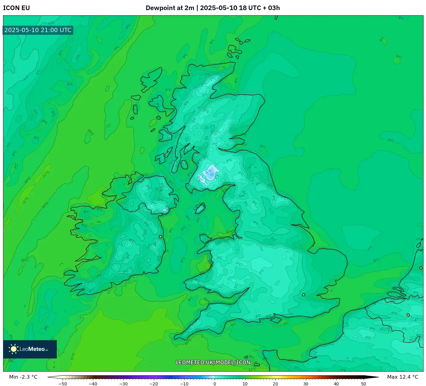 ICON - United Kingdom, Dewpoint at 2m ICON - United Kingdom, Dewpoint at 2m