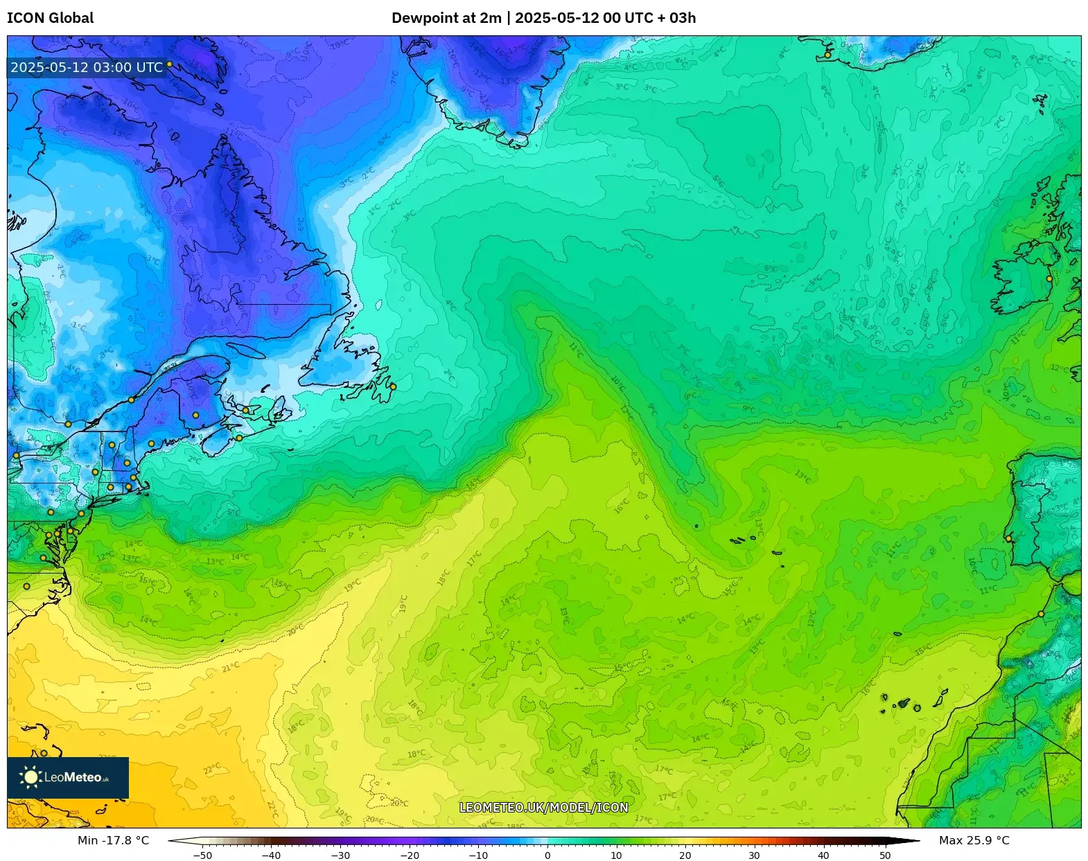 ICON - North Atlantic, Dewpoint at 2m ICON - North Atlantic, Dewpoint at 2m