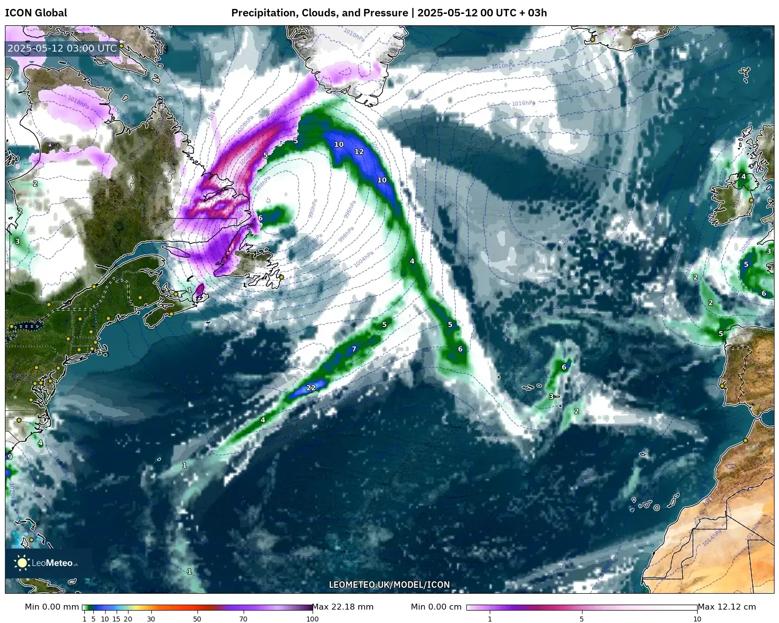 ICON - North Atlantic, Precipitation, Clouds, and Pressure ICON - North Atlantic, Precipitation, Clouds, and Pressure