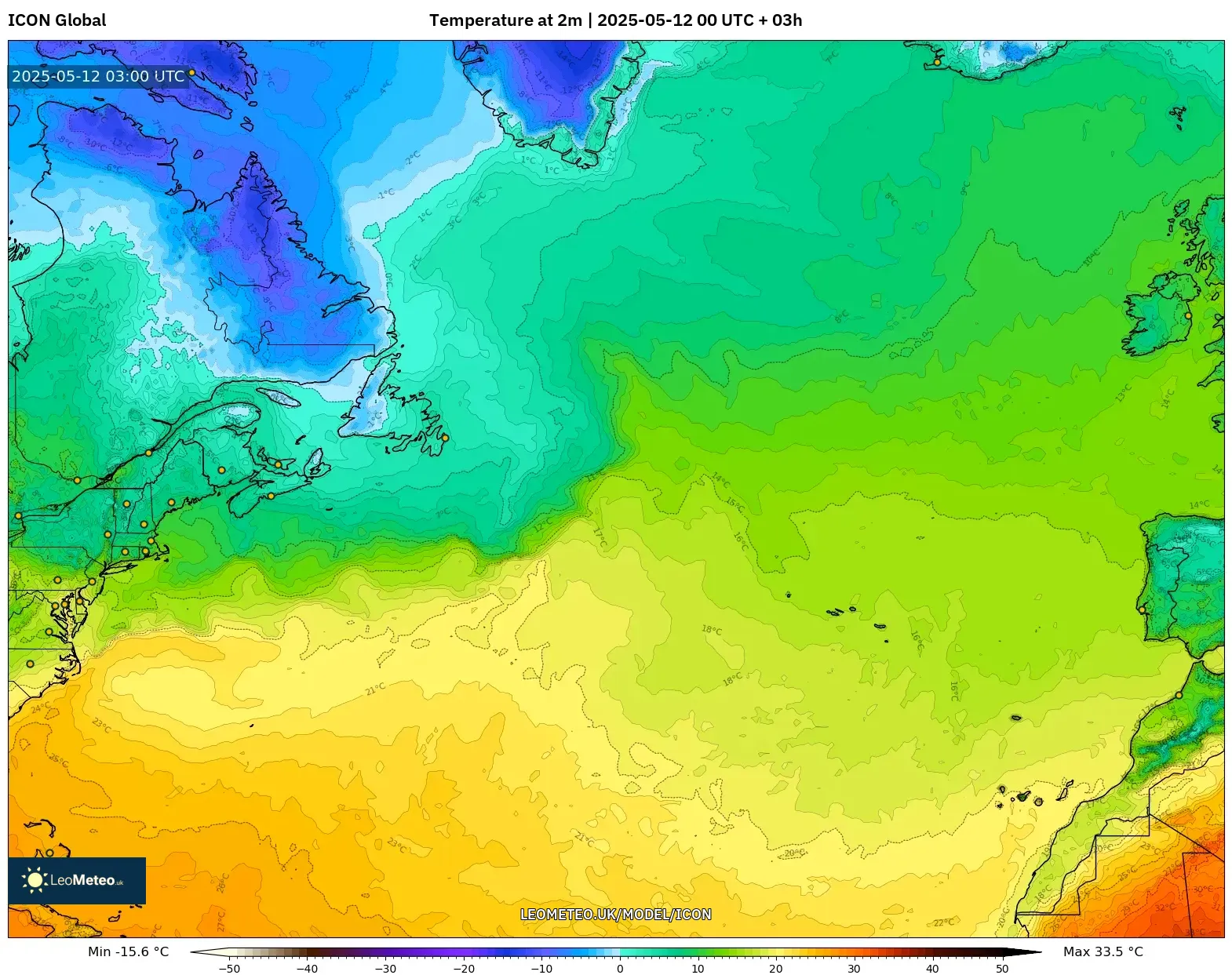 ICON - North Atlantic, Temperature at 2m ICON - North Atlantic, Temperature at 2m