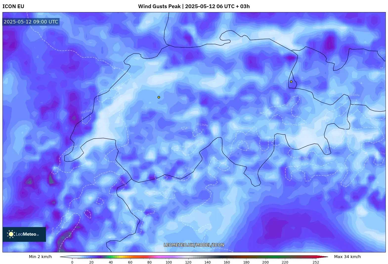 ICON - Switzerland, Wind Gusts Peak ICON - Switzerland, Wind Gusts Peak