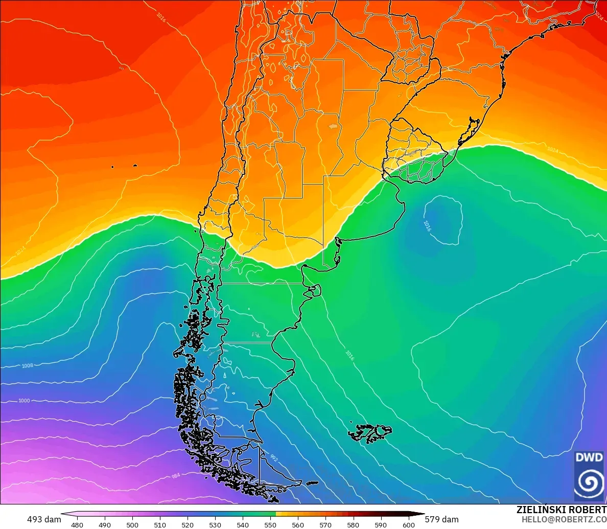 ICON model - Argentina, Geopotential height at 500hPa