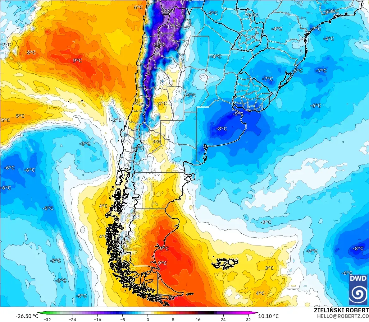 ICON model - Argentina, Temperature at 850hPa Anomaly