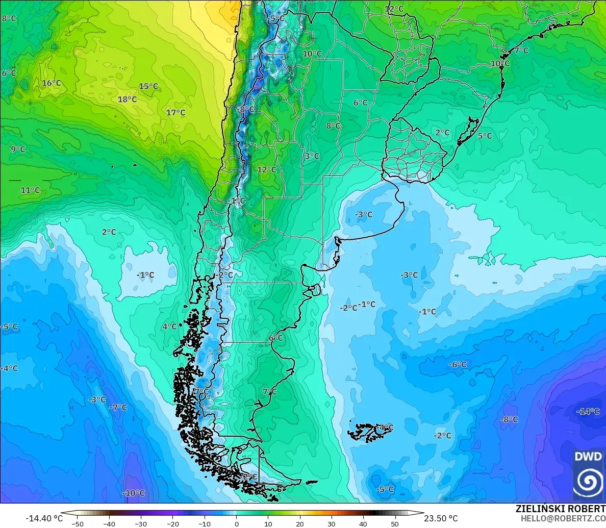 ICON model - Argentina, Temperature at 850hPa