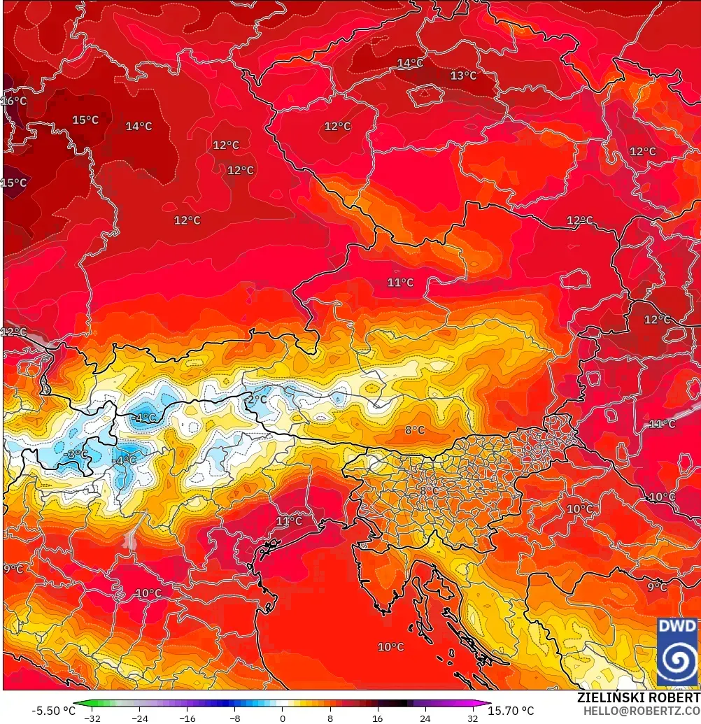 ICON model - Austria, Temperature at 850hPa Anomaly