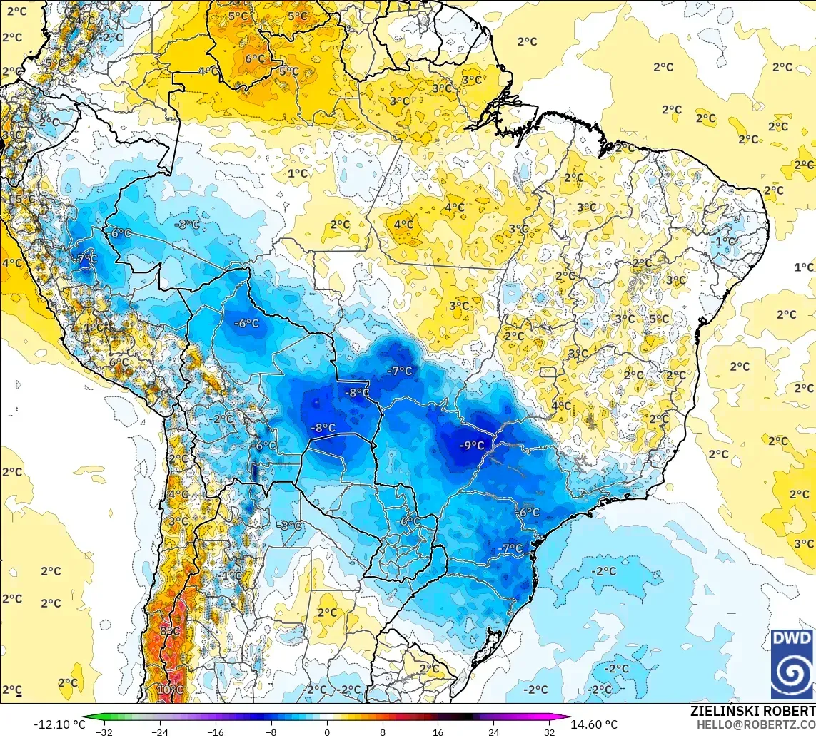 ICON model - Brazil, Temperature at 2m Anomaly